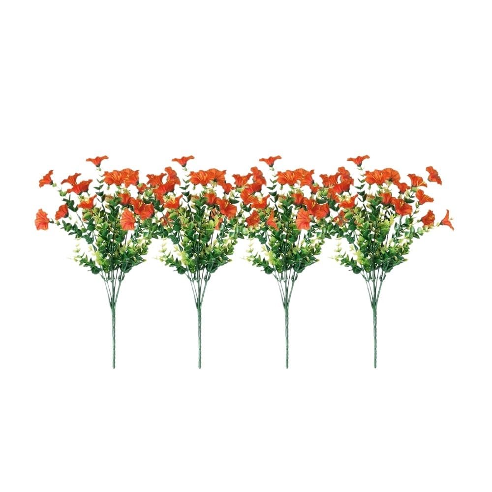 LIANXIBAG 4PCS Artificial Morning Glory Flowers Shrub Plants For Porch Farmhouse Garden Home Decor Outdoor Decoration(Orange)