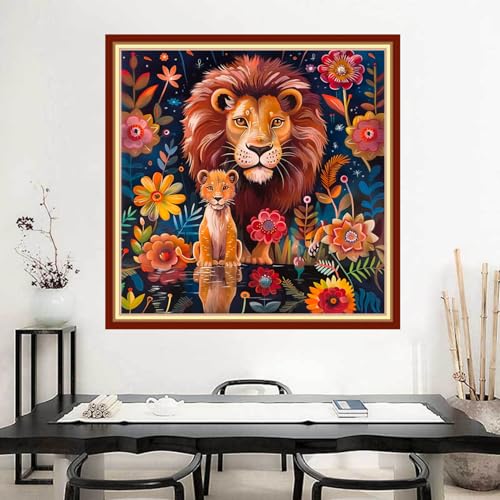 Image of Joyhoor Stamped Cross Stitch Kits for Beginners Needlepoint Kits for Adults Embroidery Kits 11CT Counted Cross Stitch Kits Printed Embroidery Pattern-Lion Flower 18x18 inchs