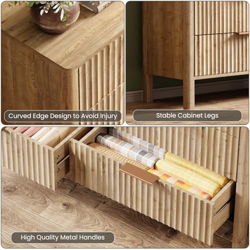 Image of 55 Inch Wide Fluted 6 Drawer Dresser for Bedroom, Wooden Dresser Modern Chest of Drawers TV Stand Dressers with Organizer Storage for Bedroom, Living Room, Entryway, Oak