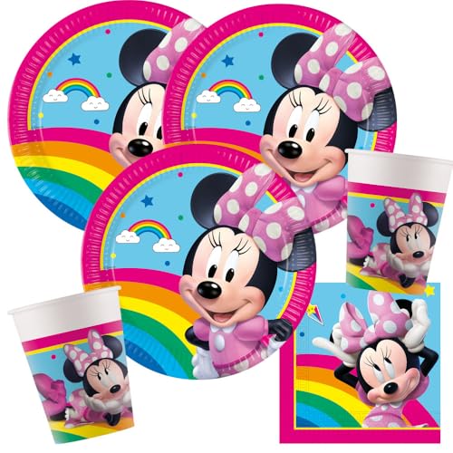 Procos Set de fête Minnie Mouse Rainbow 36 pièces, assiettes en carton, gobelets en carton, serviettes pour anniversaire d'enfant