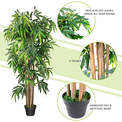 Worth Garden Bamboo Silk Trees Artificial Plants, 5.6Ft Realistic Faux Bamboo Tree, Tall 67In Greenery Office Indoor Outdoor Decor, 975 Green Leaves & 6 Thick Trunks, Black Pot & 20G Dry Moss Included #TOP6