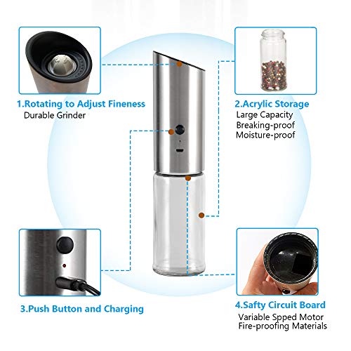 Electric Pepper Grinder Rechargeable Salt Grinder or Pepper Mill, High Capacity Refillable, Adjustable Coarseness
