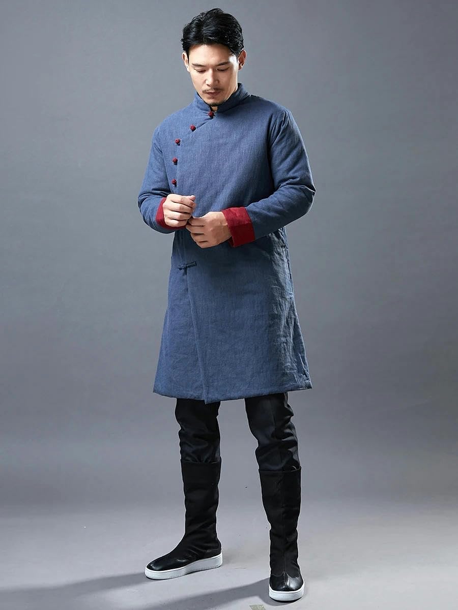 Winter Mid length Chinese Style Tang Suit Cotton padded Linen Jacket Thicken Kung Fu Gown Tai Chi Parkas