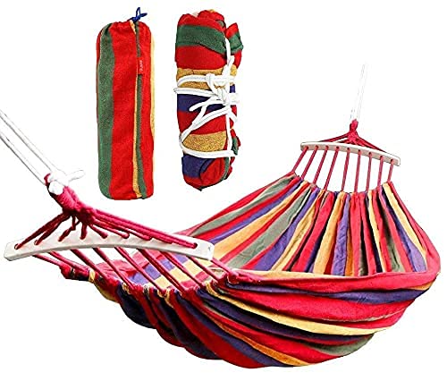 Hetarmi Canvas Foldable Hammock 260 x 150 cm Camping Prevent Rollover Hanging Swing Bed RED Rainbow Color with Wooden Stick (for Single Person) / Hanging Bed for Camping & Portable Outdoor Activities-image-5