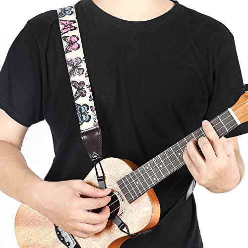 Ukulele Strap No Drill, Eyeshot Adjustable Double J Hook Clip On Uke Shoulder Strap, Hawaiian Butterfly Printing Hands Free Ukelele Strap, Easy To Use And Fit Most Standard Uke Sizes #TOP1