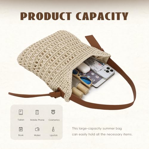 Bolso de playa tejido para mujer con asa PU miniatura 5