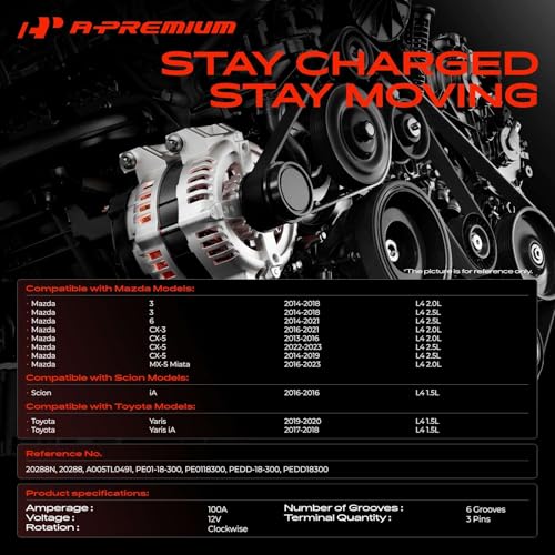 Image of A-Premium Alternator, 12V 100A 6-Groove Pulley CW, Compatible with Mazda | for Mazda CX-5 CX5 2013-2019 /2022-2023, 3 2014-2018, 6 2014-2021, CX-3, MX-5 Miata & Toyota Yaris, Yaris iA & Scion iA