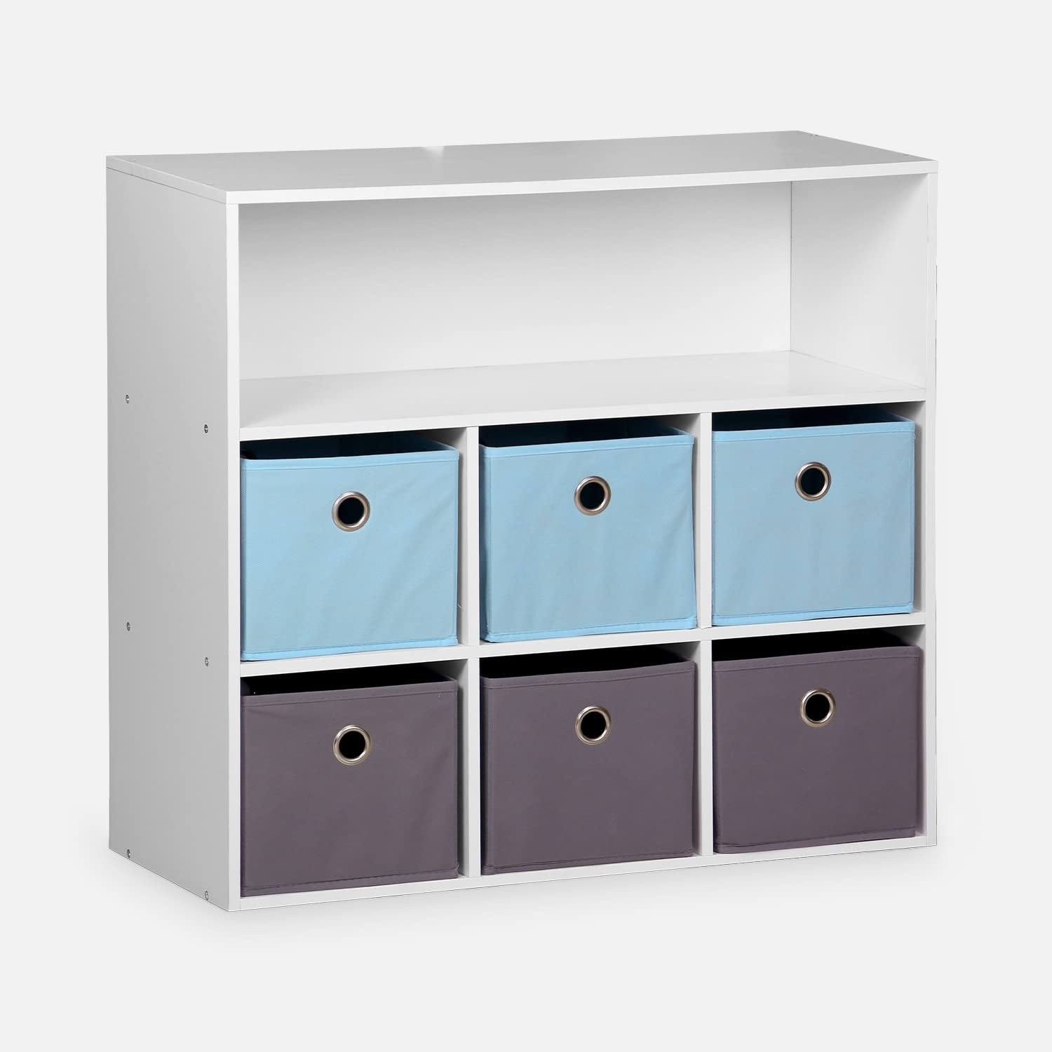 Alice's Home sweeek - Mueble con almacenaje para niño, Blanco - Camilo - con 7 Compartimentos y 6 cestas Grises y Azules