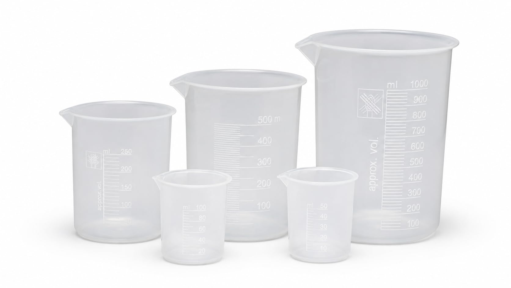 Laboratory Beaker (Polypropylene) with Graduation Scale and spout Set of 5 (50ml, 100ml, 250ml, 500ml,1000ml) for Measuring Chemicals and Liquid for Laboratory and other Industrial use-image-30