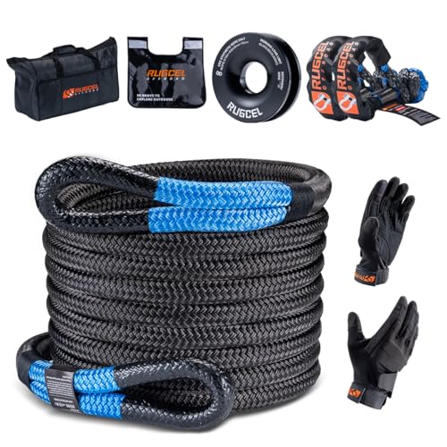 RUGCEL Kinetic Recovery Rope Tow Rope - 34000 lbs Strength, 1" x 30ft, with Heavy-Duty Gloves, Soft Shackle & Snatch Block - Ideal for Car, Truck, SUV, UTV, ATV & Tractor - Black Tow Straps