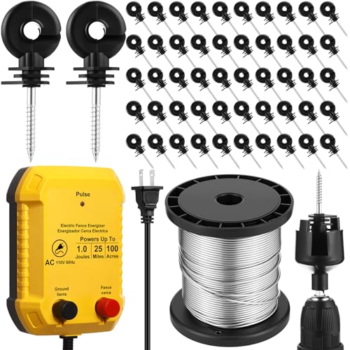 MorningRo Electric Fence Charger Kit 1J 25 Mile 250ft Wire 50 Insulators