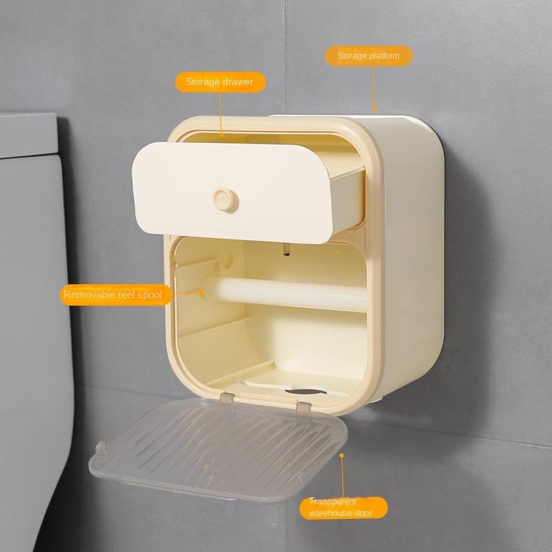 Image of Self-Adhesive Toilet Paper Holder with Phone Stand - Wall Mounted Tissue Roll Dispenser Tray for Bathroom | Space-Saving & Stylish Accessory