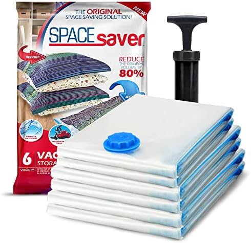 Spacesaver Premium Vacuum Storage Bags. 80% More Storage, Hand-Pump for Travel, Vacuum Sealer Bag with Double-Zip Seal and Triple Seal Turbo-Valve for Max Space Saving in storage bag (Variety 6 Pack)