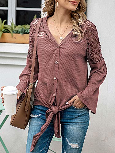 Eastdall Nó Frontal,Camisa feminina de malha cardigã waffle oco com gravata nó manga larga com decot