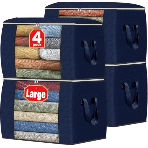 Image of Fab totes 24 Gallons Clothes Storage, Foldable Thick Fabric Blanket Storage Bags, Containers for Organizing Bedroom, Closet, Clothing, Comforter, Organization with Handle (4 Pack,Blue)