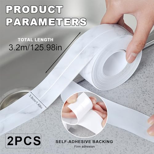 Image of 2PCS Marble Caulk Tape Waterproof Self Adhesive Caulking Strips 1.5 inch x 10.5ft Sealant Bath Sealing Strip Tape Decorative Caulk Stickers for Kitchen Bathroom Toilet Bathtub