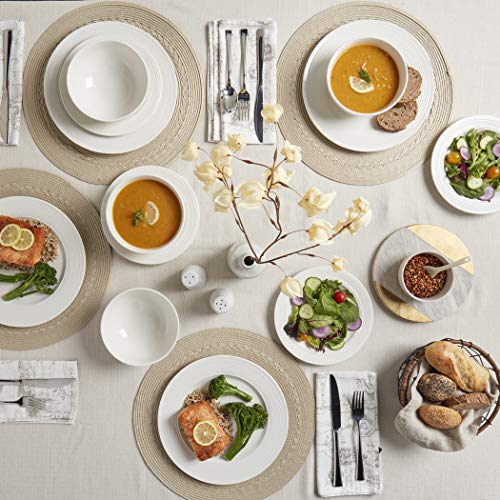 Image of TTU Tabletops Gallery Embossed Bone White Porcelain Round Dinnerware Collection- Chip Resistant Scratch Resistant, Contempo 12 Piece Dinnerware Set (Dinner Plate, Salad Plate, Cereal Bowl)
