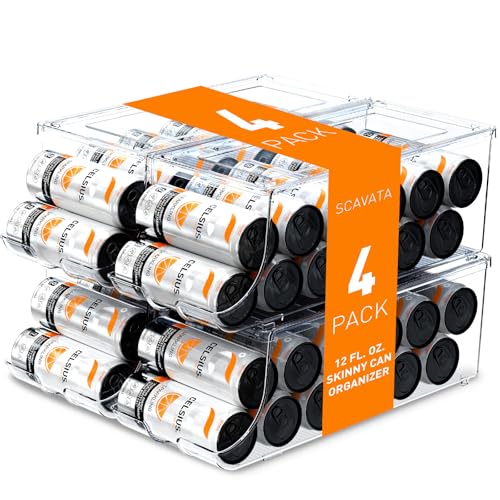 Image of SCAVATA 4 Pack Skinny Can Organizer for Refrigerator, Stackable Tall Skinny Soda Pop Can Holder Dispenser with Lid for Fridge Pantry Rack Freezer, Clear Plastic Storage Bins-Holds 12 Slim Cans Each