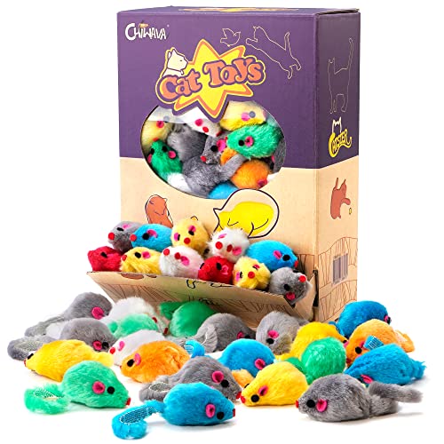 Chiwava 60Pcs 4.1'' Furry Cat Toy Mice Rattle Small Mouse Kitten Interactive Play Assorted Color #TOP1