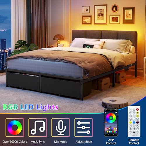 Image of Furnulem Queen Bed Frame with Adjustable Headboard, Upholstered Bed with 2 Storage Drawers, Built-in USB Charging Station & LED Lights, Platform Bedframe with Metal Slats, No Spring Box Needed, Grey