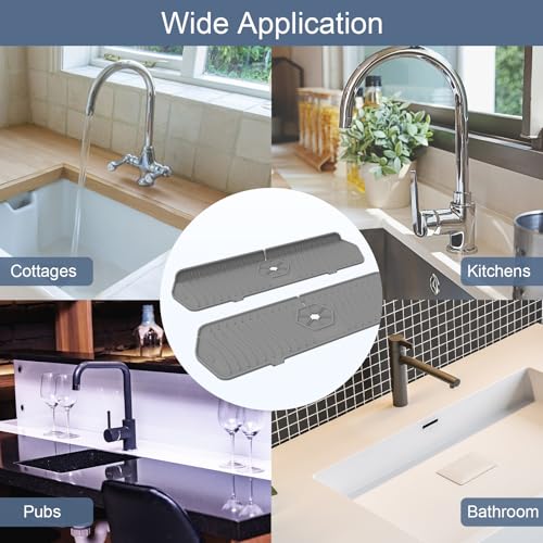 Image of Sink Drain Mat Behind Faucet,Faucet Guard Draining Mat, 90 Foldable Tap Draining Mat for Kitchen Sink with 2 Water Ports, Faucet Drain Mats for Kitchen, Bathroom, etc (Gray, 17.7 inch*5.78 inch)