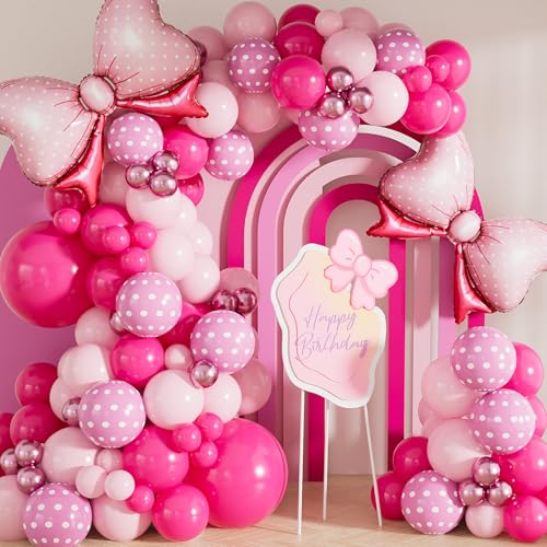 Kit de arco de guirnalda de globos de ratón rosa – 124 globos rosa intenso, en colores pastel y de lunares con lazo, decoración temática de ratón para cumpleaños de niña, baby shower, fiesta