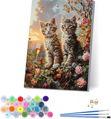 数字油絵 猫 大人用 DIY ペイントバイナンバー 花 手塗り 絵 デジタル油絵セット ブラシとアクリル絵具付き 数字塗り絵 大人のクラフトアクティビティ Paint by Numbers ホーム オフィス装飾 誕生日プレゼント女性 40x50cm 6-1
