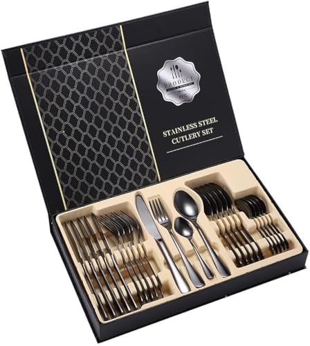 OPEKX 24-Piece Stainless Steel Cutlery Set with Gift Box Silverware Flatware Utensils for 6 Includes Forks Spoons & Knives Durable Rustproof Dishwasher Safe Tableware for Home & Dining