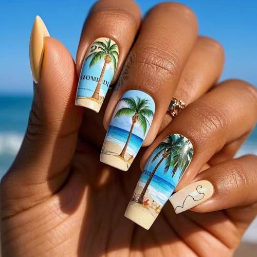Press on Nails Coffin Fake Nails Glossy Stick on Nails Coconuts Tree Full CoverS False Nails Acrylic Glues on Nails - Image 3