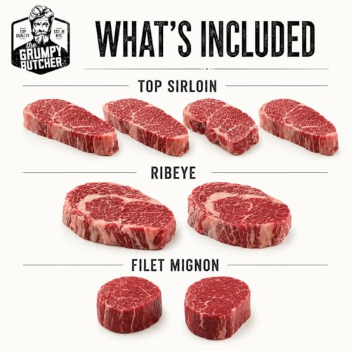 Image of Grumpy Butcher 8 Steaks Full House Set - 4 Top Sirloin, 2 Ribeye Steaks & 2 Filet Mignon - USDA Top Choice - Steakhouse Quality Meat With Food Gifts Box Option