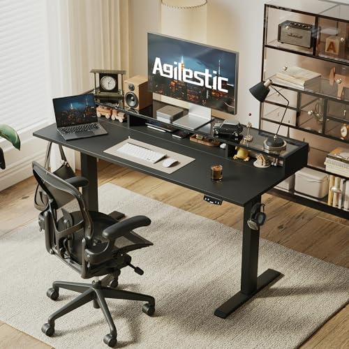 Image of Agilestic 48 x 24 Inches Electric Standing Desk with Storage, Adjustable Height Sit and Stand Computer Table with Glass Shelf, Splice Board, Black