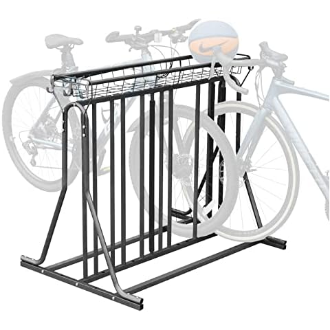 Bike Stand, Floor Bike Parking Rack for 5 Bicycles with Storage Basket and 6 Hooks, Cycle Storage Rack Garage Organizer with Adjustable Bike Slot for Mountain, Hybrid Bicycles All Types of Bicycles Cover