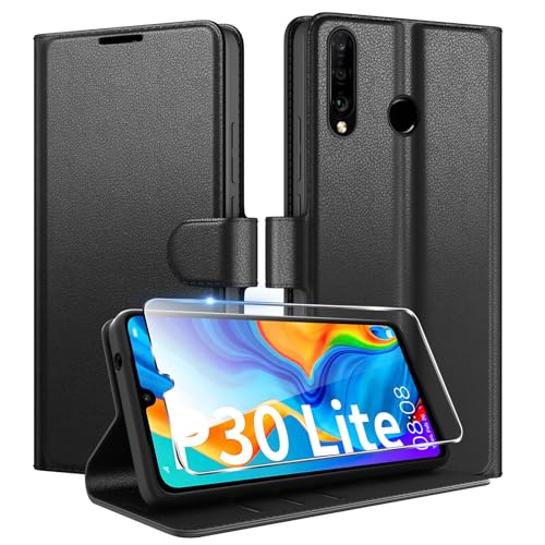 Coiwxmoi für Huawei P30 Lite Hülle Mit 1 Stück Panzer Schutz Glas Wallet Premium PU Leder Handyhülle Standfunktion Schutzhülle Kartenfach Stoßfeste Klapphülle Flip Case Cover Schwarz