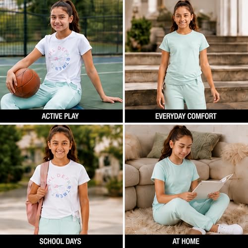 Image of Reebok Girls Sweatpant Set - 3 Piece Athletic Short Sleeve Girls Shirts and Jogger Sweatpants with Pockets - Kids Workout Set