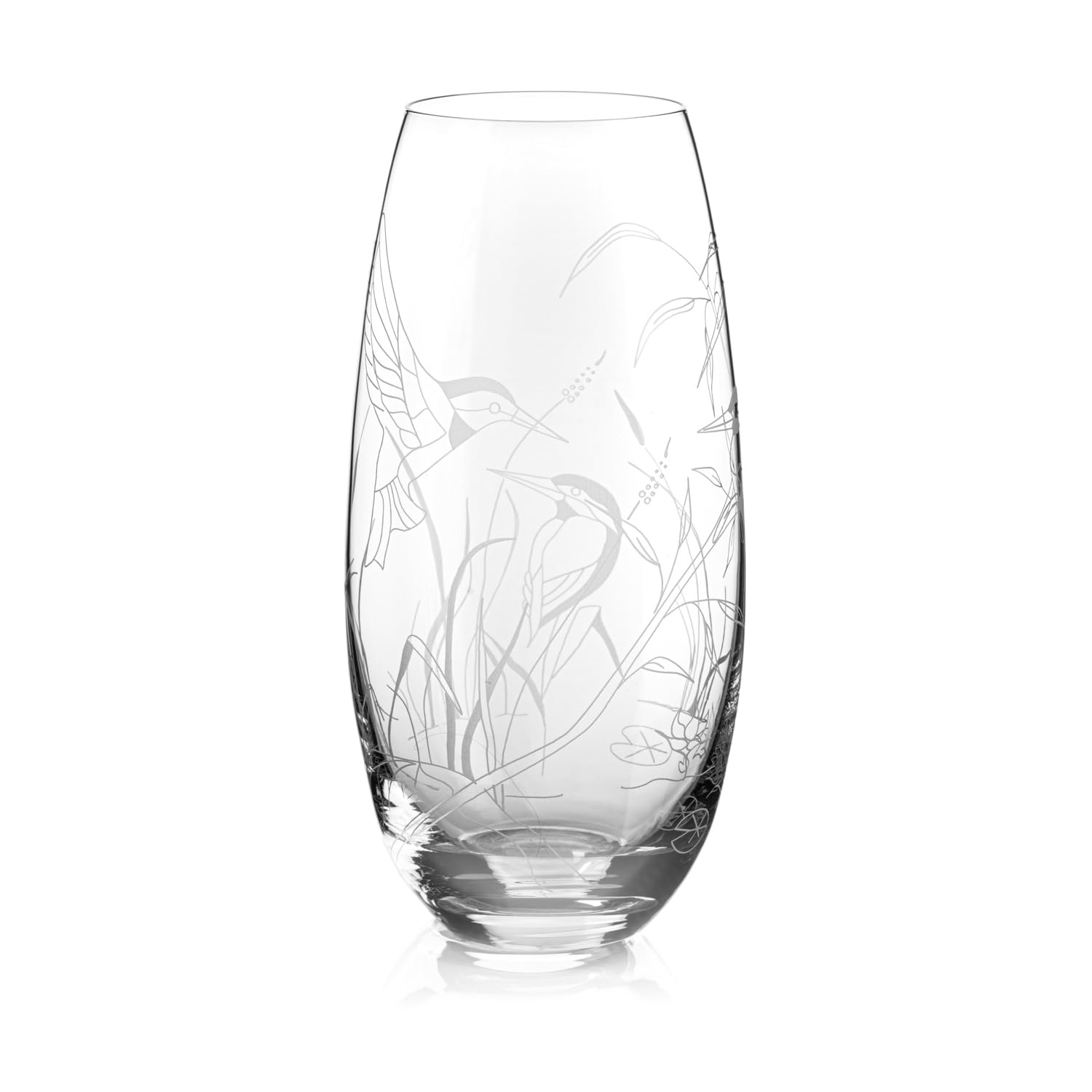 DIAMANTE Barrel Shaped Crystal Vase "Kingfisher" - Etched Bird Wildlife Botanical Decoration Flower Vase - 25cm