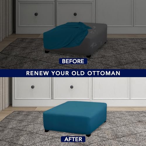Image of PureFit Super Stretch Form Fit Square Ottoman Cover Rectangle - Ottoman Slipcovers for Foot Stool & Folding Storage Furniture for Living Room with Nonslip Elastic Bottom (Medium-XL, Peacock Blue)