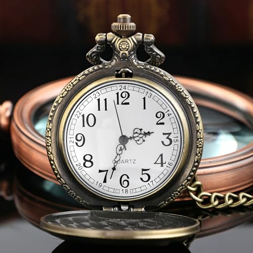 Image of Tiong Pocket Watch Pattern Vintage Quartz Pocket Watches with Chain Christmas Graduation Birthday Gifts Fathers Day