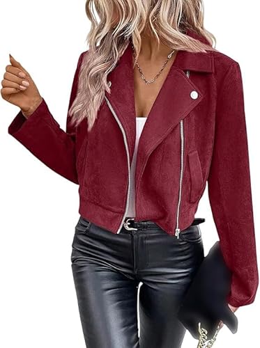 Kenhansion Womens Faux Bomber Biker Jacket Fashion Slim Long Sleeve Zip Up Cropped Coats Fall Zipper Outfits with Pockets (Wine Red,Medium)
