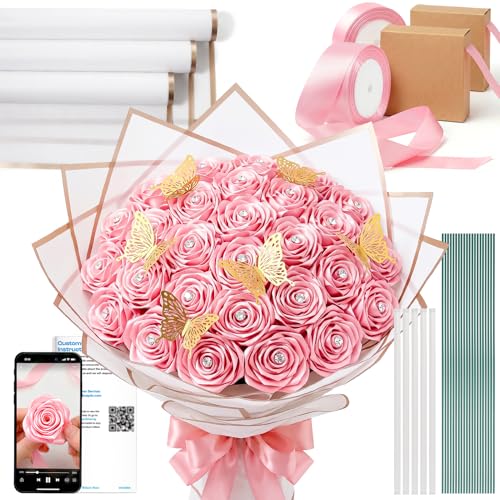 Caydo Pink Ribbon Rose Bouquet for 2026 Graduation Gifts 91PCS Ribbon Flower Making Kit with Floral Stem Wire Wrapping Paper Glue Stick 3D Butterfly & Diamond Pins