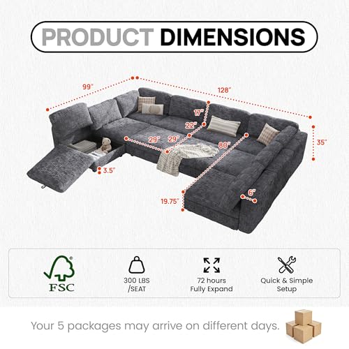 Image of 157 inch Modular Sectional Chenille Sofa bed with Hidden Storage, Comfy Modern 10 Seater Oversized Deep Seat Couch, Modular Sectional with Ottoman and Removable Cover for Living Room, Apartment, Gray