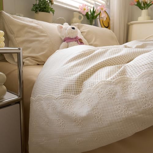 LifeTB Tan Gingham Duvet Cover Twin XL 3 Pieces Romantic Lace Duvet Cover Vintage Plaid Checkered Comforter Cover with 2 Pillowcases Soft Microfiber Beige Tan Grid Farmhouse Plaid Bedding Set