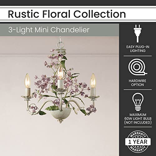 Hanover Rustic Floral Mini Chandelier In Antique Cream And Purple Hanging Light Fixture For Bedroom, Living Room, Hallway, Entryway, Kitchen 3 Lights Hardwire Or Plug-In Swag #TOP1