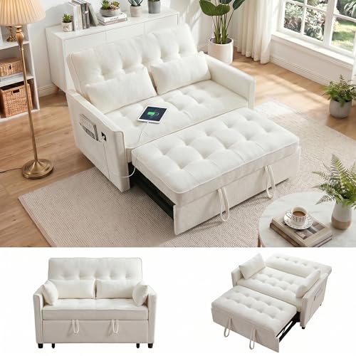 Image of Dreamzie 55'' 3 in 1 Convertible Sofa Bed with USB Charging Ports, Pull Out Couch with Adjustable Backrest and Side Pockets, Sleeper Sofa for Living Room, Apartment, RV, Easy Assembly - Beige
