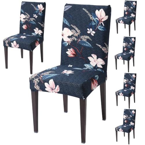 By Heart Home Decor Heavy Polyester Printed Dining Table Seat Elastic Chair Cover 6 Pieces and Spandex Super Fit Stretch Removable Washable Covers, Blue