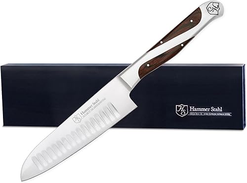 Miniatura 7 de Hammer Stahl Cuchillo Santoku de 55 pulgadas acero alemán de alto carbono borde profundo Granton cuchillo de cocina profesional para chefs