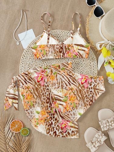 Image of RoseSeek Girls 3 Piece Bikini Set with Beach Skirt Floral Leopard O-Ring Padded Swimsuit for Teen Girls