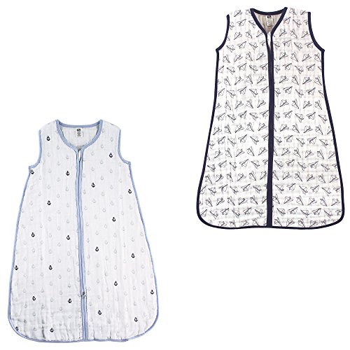 Image of Hudson Baby Unisex Muslin Cotton Sleeveless Wearable Sleeping Bag, Sack, Blanket, Anchor /Paper Airplane Muslin 2-Pack, 6-12 Months