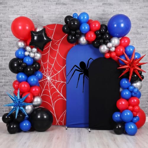 Image of 137 Pcs Spider Web Theme Party Decoration Kit for Birthday Party | 4ft, 5ft, 6ft, Red Black Blue Spider Web Arch Cover, Backdrop Decoration, Balloons, Halloween, Baby Shower, Photography