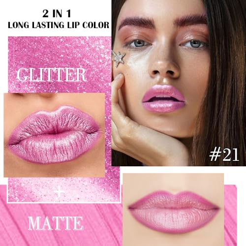 Image of evpct Pink Metallic Glitter Lip Liner and Lipstick Combo Lip Gloss Stain Set Makeup for Women Long Lasting Waterproof 24, Rose Pink Metallic Shimmer Frosted Iridescent Glossy Liquid Lipstick 21