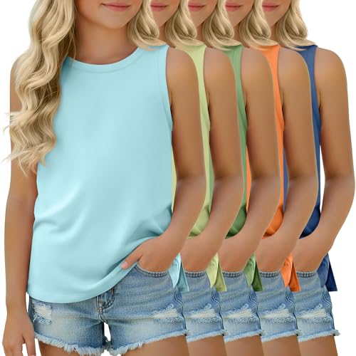 Mumucove 5 Pack Girls Tank Tops Crew Neck Sleeveless Tees Loose Summer Kids Stretchy Side Slit Casual Athletic Basic Tanks(11-12 Years Haze Blue Orange Green Yellow Green Light Lake Blue)